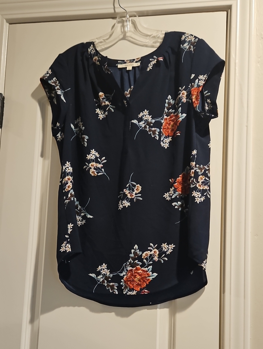 fun 2 fun Navy Floral Short Sleeve Blouse with Rust Accents